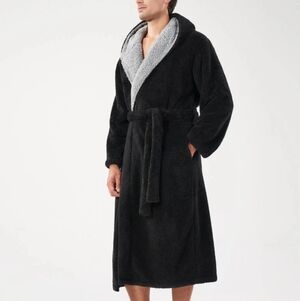 Men's Black Plush Robe with Gray Shawl Collar